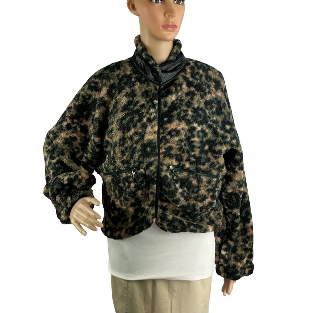 Calme By Johnny Was Printed Fleece Jacket Green Brown Size XS